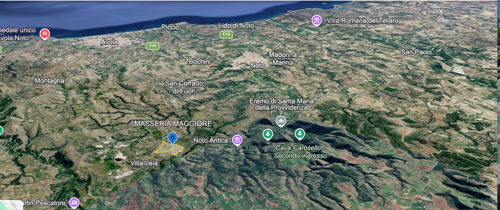 Estratto di mappa aerea con perimetro della proprietà a San Corrado di Fuori, Noto